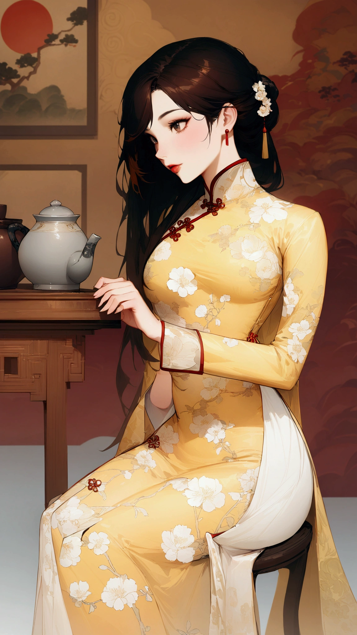 (hair swept bangs:1.3), (brown hair:1.3), araffe woman in a yellow dress sitting on a chair holding a teapot, with acient chinese clothes, ao dai, palace , a girl in hanfu, traditional beauty, trending on cgstation, artwork in the style of guweiz, beautiful character painting, cheongsam, chinese dress, chinese costume, trending at cgstation, wearing ancient chinese clothes,