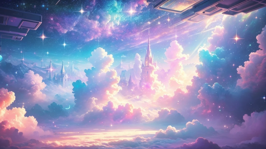 ((masterpiece)),((highest quality)),((high detail)),nobody, Magical space, A mysterious space, Pastel clouds, Iridescent room, A lot of gems, Sparkling, Shining Wind,