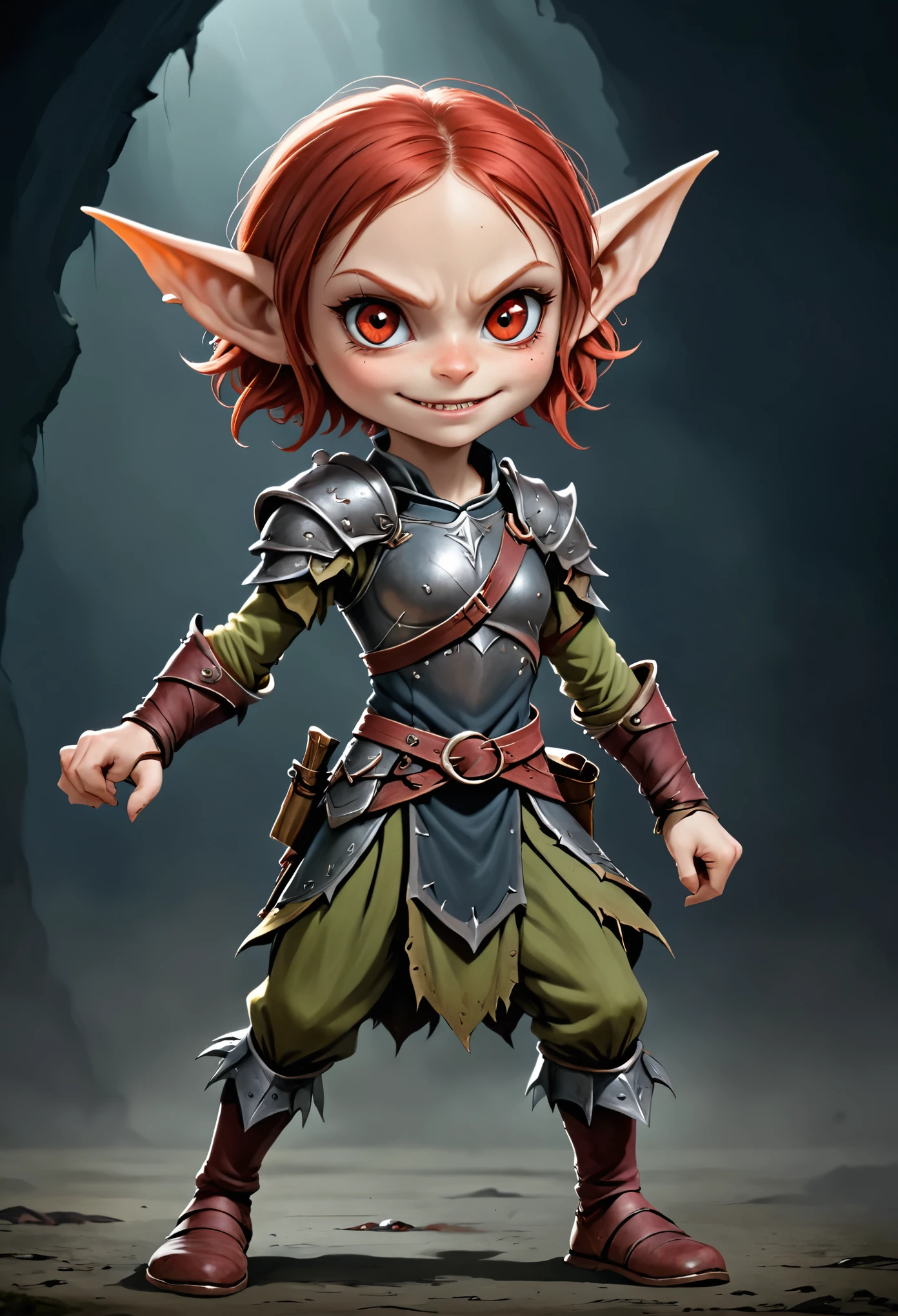 Realistic anime character, cute goblin femail, redhead, red eyes, full body portrait, holding a big hanmer, little smile, in battle, dynamic composition, intricate gloomy background, dark fantasy style,  dark arts, depth of field 