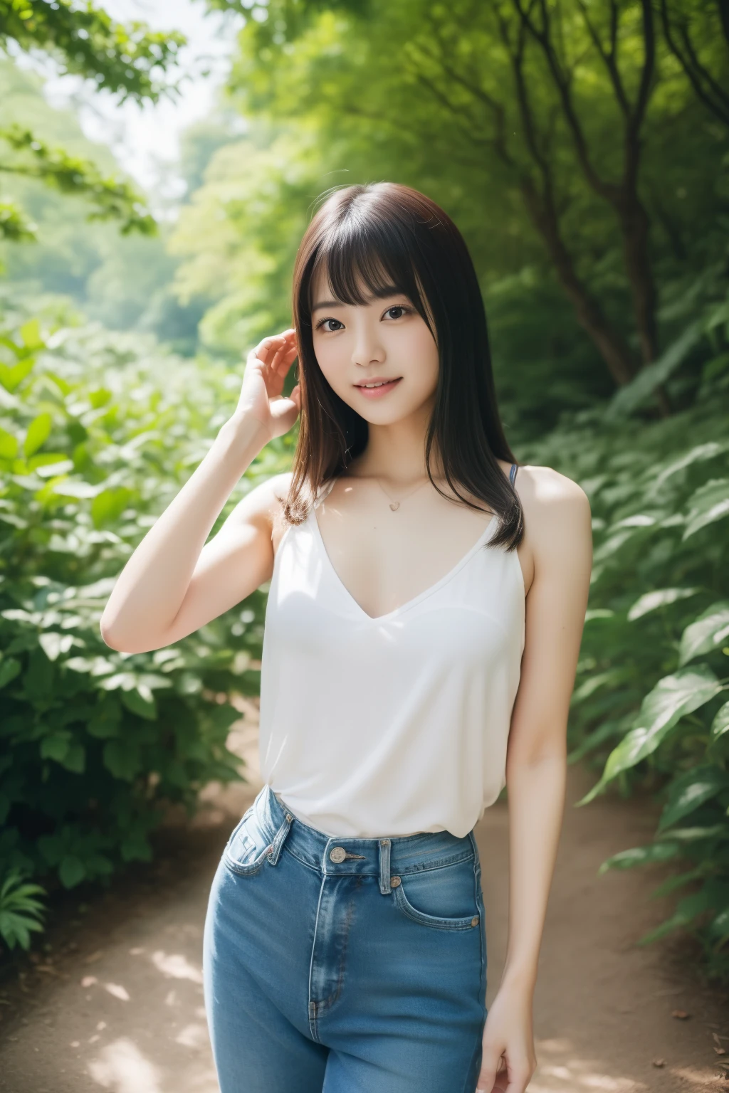 (The best quality at its best,8ｋ,Simply beautiful:1.2),(Cute Japanese Girl:1.10、Perfect pubic hair),(Black Shirt、Denim pants)、(On and off:1.20),(Best body)、(Perfect pubic hair anatomia、Beautiful hands and feet、Precision Rims，Create a beautiful thigh line、The pinnacle of art、Beautiful light,Helpless Beauty、Sexy pose、(Blend in with nature:1.10)、Forest Park、((It&#39;s raining a little))、