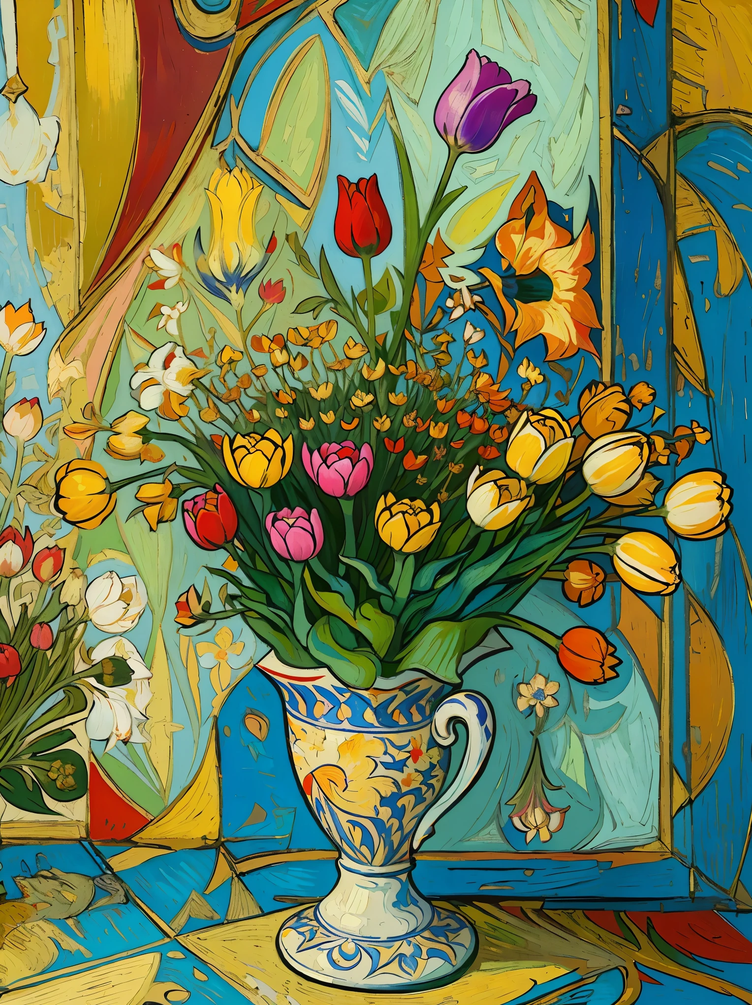 Tulip Painting, Inspired by Picasso, Influenced by Van Gogh, Tulip flower bed, Full body image, Very colorful, Bright color palette, Oil, An illustration, unique configuration.