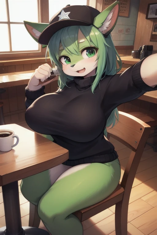 1 girl, Alone, coffee shop, green fur, cap, sweater, Cowboys, sitting in a chair, dynamic pose, inside, huge breasts1.4 autophotos, Photo with GoPro camera