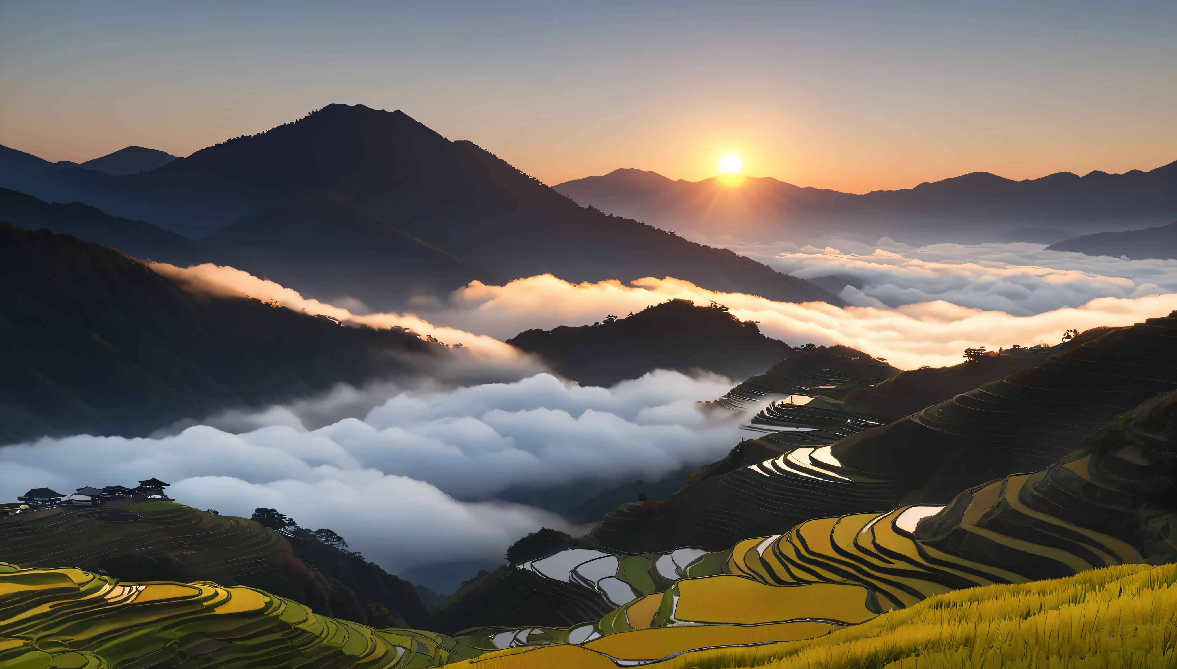 Japanese countryside scenery, Rice terraces, Azemichi, autumn, sunny, sea of clouds, morning, (Highest quality,4K,8k,High resolution,masterpiece:1.2),Very detailed,(Realistic,photoRealistic,photo-Realistic:1.37),High resolution,超High resolution,Studio Lighting,Vibrant colors,Professional