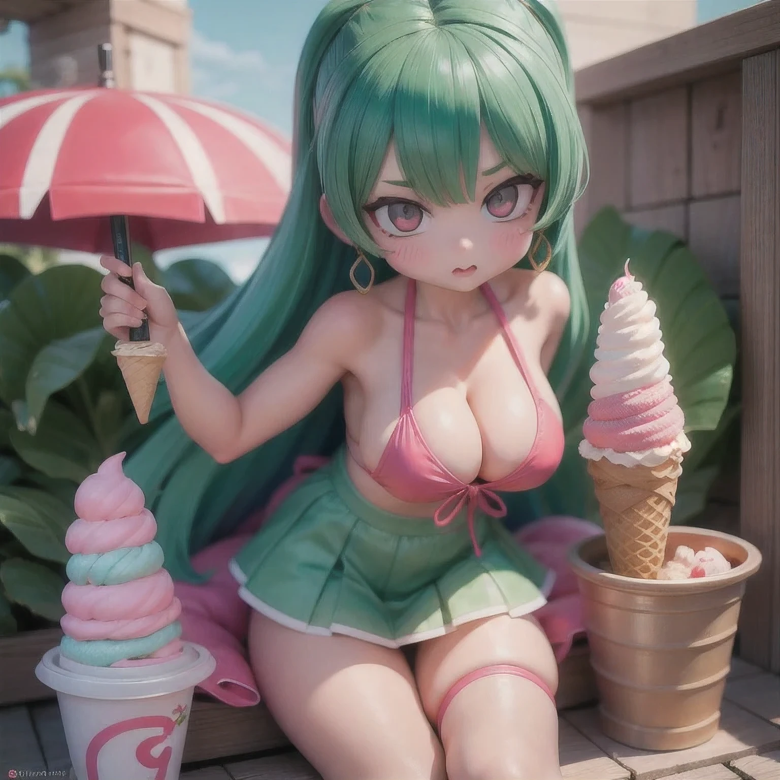 girl in a bikini eating an ice cream cone, eating ice cream, in a bikini, angela white, giorgia meloni, katy perry, in bikini, eating ice - cream, wearing spandex bikini, ice cream on the side, bikini, ice cream, wearing a bikini, candid photo of dirty, shiny plastic bikini, candid shot, cone, 1 girl, solo,in a green dress standing by a wall,portrait of female idol