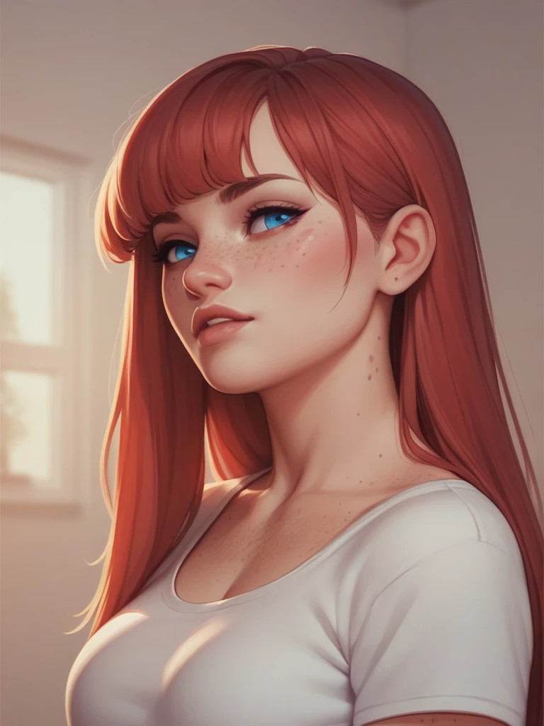 score_9, score_8_up, score_7_up, score_6_up, score_5_up, score_4_up, 1girl, Fr3ckles, freckles, blue eyes, red long hair, bangs , ju1ch3,