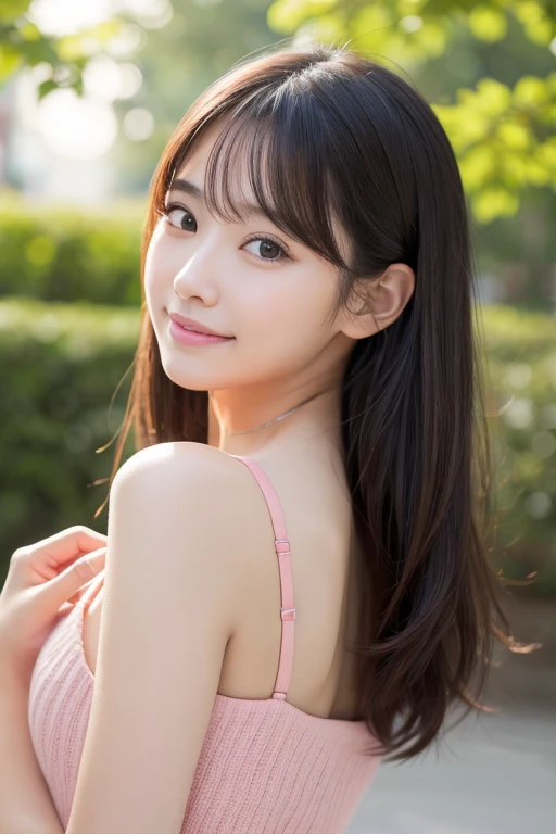high quality、Generate high resolution images。She is young々Successfully、With a cute appearance、Has a fresh and natural look。Here are the specific details::
1. **Face shape**: Oval face with a slightly pointed chin。
2. **eye**: big、アーモンド形のeyeで、double eyelid。eyeの色はダークブラウンで、There is a vibrant glow。
3. **Eyebrow**: 自然なアーチを描いたEyebrowで、It is well maintained though、Not too thin。
4. **nose**: small、やや上向きのnose。
5. **mouth**: Natural pink plump lips。She has a gentle smile。
6. **Skin color**: Has a healthy glow、Brighter, smoother skin。
7. **hair**: long、ストレートな黒hairで、Has a slight sheen。hair型はソフトなウェーブかストレートのままにすることが多い。
8. **make**: ミニマルでナチュラルなmake。A lightweight foundation to even out skin tone、A touch of blush on the cheeks、eyeを引き立てるための控えめなアイライナーとナチュラルなマスカラ。Lips lightly tinted in pink or peach。
9. **accessories**: smallて繊細なイヤリングやシンプルなネックレスを時々wear。
10. **expression**: Friendly、フレンドリーなexpression。軽い微笑みや遊び心のあるexpressionが特徴。
To focus on her face、Shoot in a bright environment、The background should be neutral or soft and blurred。