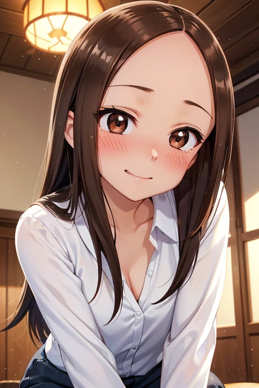 Takagi-san、Shiny brown hair, Straight Long Hair,((Medium chest、Forehead、Center part))、 Beautiful brown eyes、smile、Sparkling eyes, (fine grain)、Very fine eye、Highly detailed face, Highly detailed eyes, Cowboy Shot、


Shooting from below、On all fours、Realistic, Real person, (青whiteい肌: 1.2), Upper Body,  Glowing Skin, Shiny Hair、(A 35-year-old woman )  , (white:1.5) and (blouse) 、Cleavage、(blush:1.5), smile, The background is the living room at night、illumination、alone、