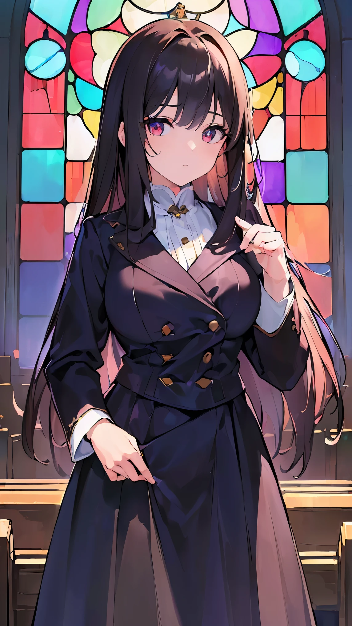 (((Best quality, 8k, Masterpiece: 1.3)), ((best quality)), ((masterpiece)), (detailed), perfect face, high resolution, Textured skin, anime style, Vintage jacket suit, Woman with dark hair, long hair reaching down to her waist, Turn away, Background (stained glass, church)