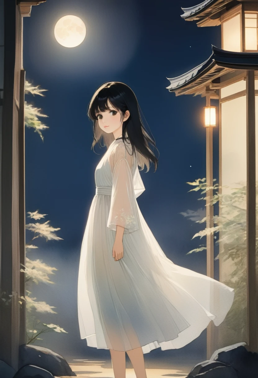 A Japanese watercolor painting, flat color, a girl, white sheer dress, straight black hair, standing in moonlit, detailed face, innocent gentle smile
