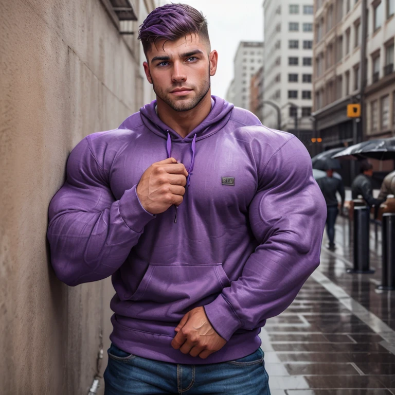 a very handsome young man, mid fade haircut, with massively large muscles, massively muscular, wearing a simple purple sweatshirt with long sleeves, leaning against a wall in a rainy city