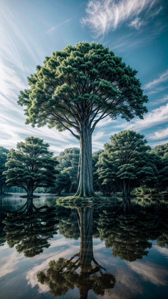 A towering tree, There is a big tree on the island in the lake, Tree trunks and branches pierce the sky, world Tree, Mysterious space, FOG, Floating Light, Soft lighting effects, bright, ((Wide-angle lens, Low angle shot:1.4)), (best quality:1.2, Very detailed, Detailed illustration, Attention to detail, masterpiece:1.2, Best aesthetics),