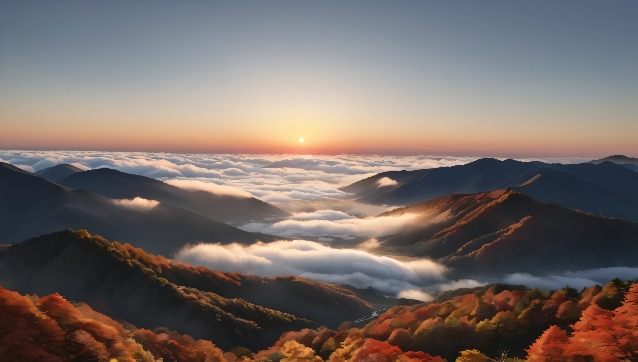 Japanese countryside scenery, Valley, autumn, sunny, sea of clouds,morning, (Highest quality,4K,8k,High resolution,masterpiece:1.2),Very detailed,(Realistic,photoRealistic,photo-Realistic:1.37),High resolution,超High resolution,Studio Lighting,Vibrant colors,Professional