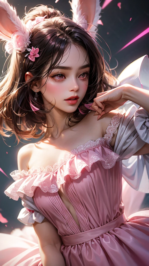 a women, pink bunny ears, black hair, pink eyes, pink dress