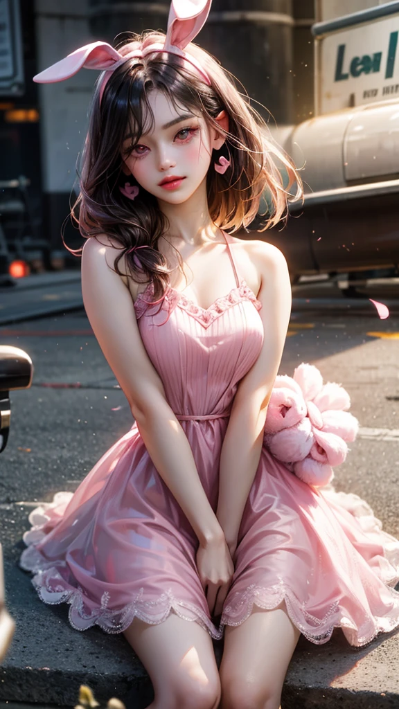 a women, pink bunny ears, black hair, pink eyes, pink dress