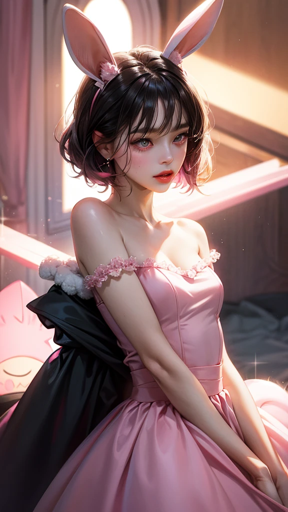 a women, pink bunny ears, black hair, pink eyes, pink dress