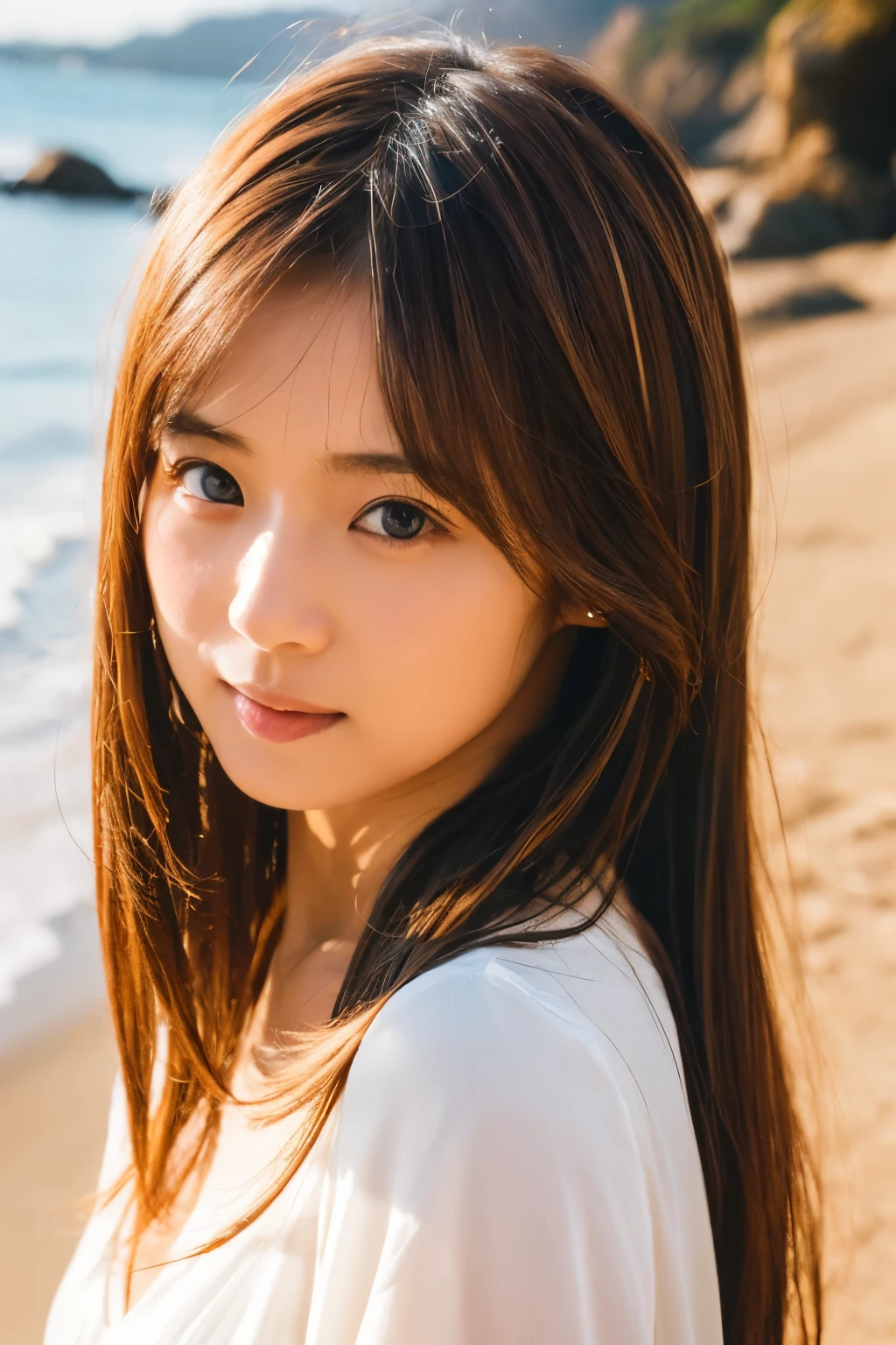 8k, highest quality, masterpiece, super high resolution, (realistic:1.4), RAW Photos, (Film Grain:1.3), One Girl, portrait of a skinny Japanese woman, 30 years old, standing on the beach, a cute face, detailed face, detailed eyes, {short|long} hair, correct body anatomy, photogravure