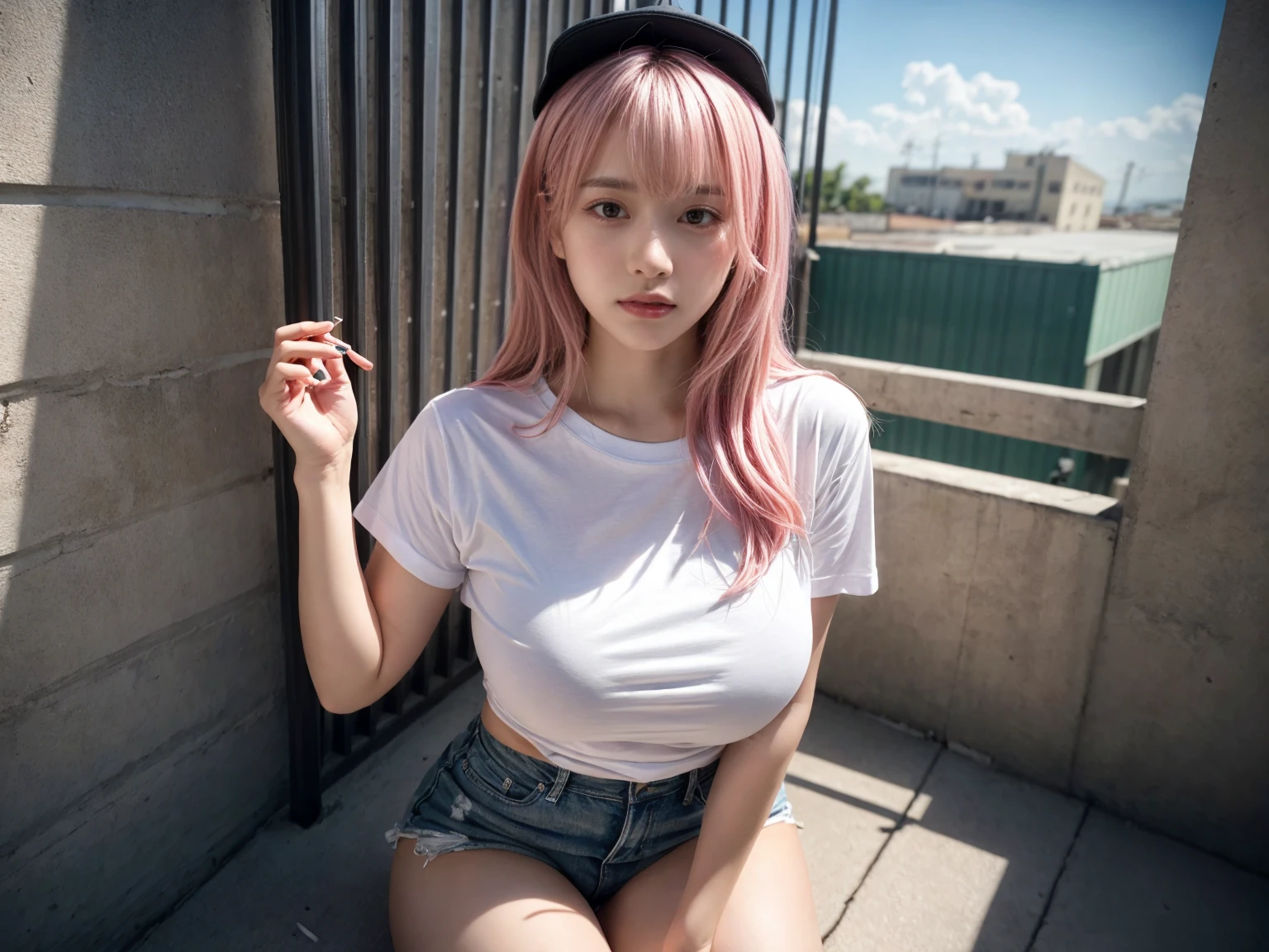 2 girls, 21yo girl,pink hair,long hair, wearing oversize white t-shirt, hot pants, wearing a baseball cap, natural big breast, show big thigh, plump body, single sidelock hairpin blush modern cinematic lighting,ray tracing,drop shadow wide shot UHD,textured skin,high details,best quality 4K, (from below:1.2), (realistic:1.1), (surreal:1.2), (very detailed:1.1)