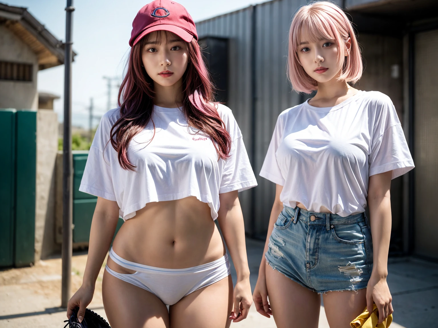 2 girls, 21yo girl,pink hair,long hair, wearing oversize white t-shirt, hot pants, wearing a baseball cap, natural big breast, show big thigh, plump body, single sidelock hairpin blush modern cinematic lighting,ray tracing,drop shadow wide shot UHD,textured skin,high details,best quality 4K, (from below:1.2), (realistic:1.1), (surreal:1.2), (very detailed:1.1)