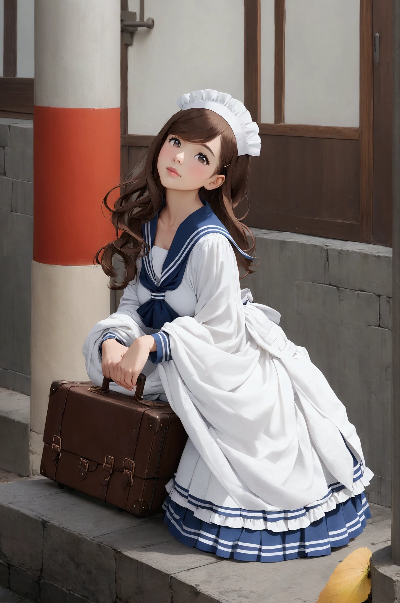 there is a woman sitting on a curb with a suitcase, (hair swept bangs:1.3), (brown hair:1.3), anime girl cosplay, loose coat collar sailor uniform, sailor uniform, kantai collection style, anime girl in real life, anime cosplay, , beautiful anime high school girl, cosplay of a catboy! maid! dress, cute anime waifu in a nice dress, loli in dress, sailor clothing,