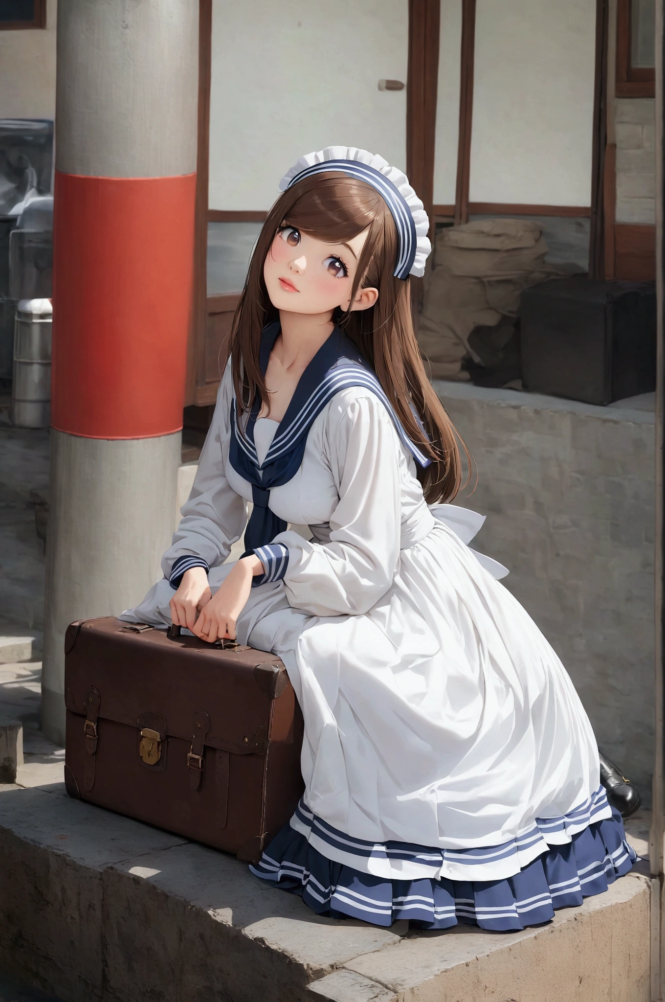 there is a woman sitting on a curb with a suitcase, (hair swept bangs:1.3), (brown hair:1.3), anime girl cosplay, loose coat collar sailor uniform, sailor uniform, kantai collection style, anime girl in real life, anime cosplay, , beautiful anime high school girl, cosplay of a catboy! maid! dress, cute anime waifu in a nice dress, loli in dress, sailor clothing,