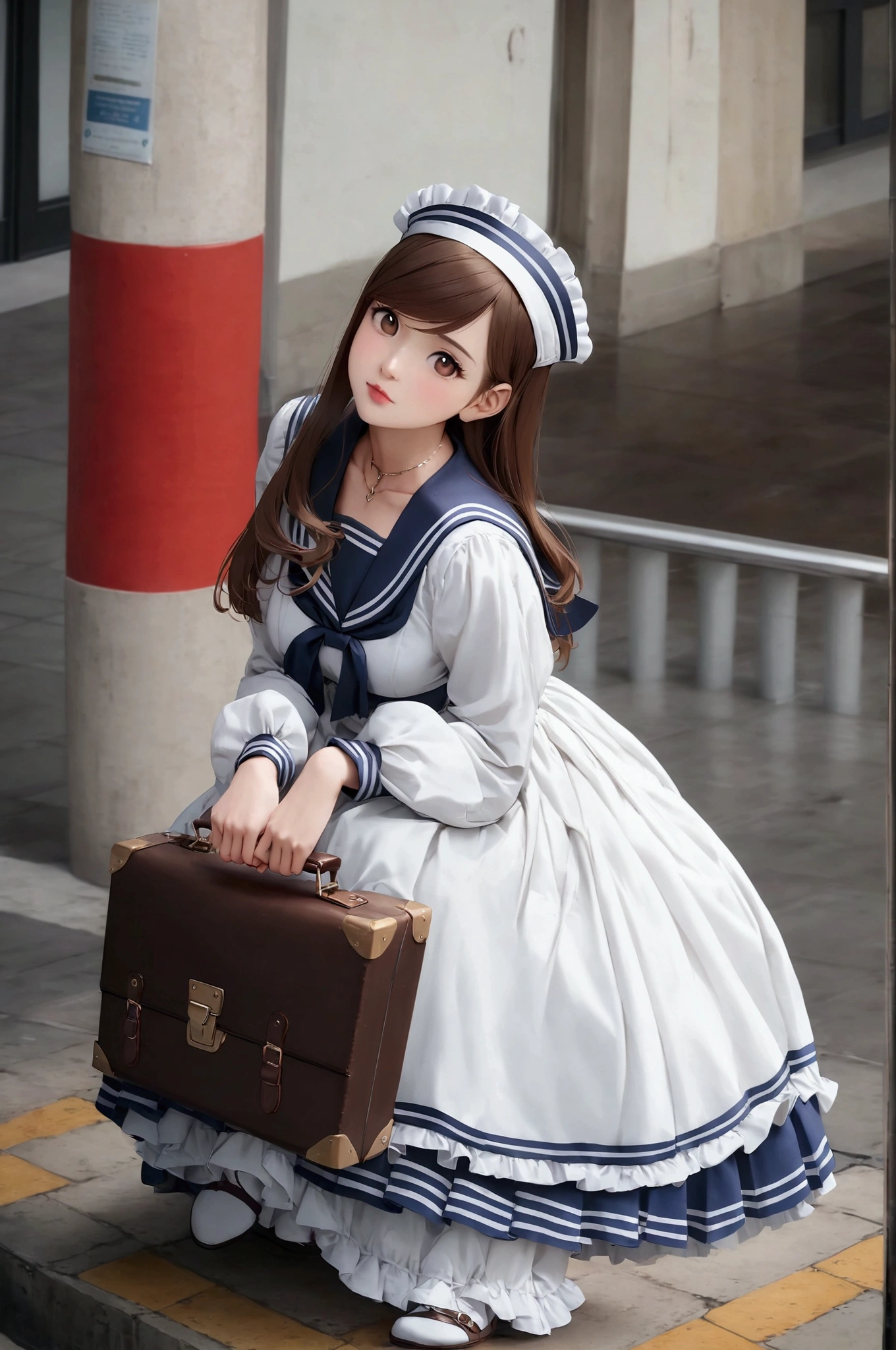 there is a woman sitting on a curb with a suitcase, (hair swept bangs:1.3), (brown hair:1.3), anime girl cosplay, loose coat collar sailor uniform, sailor uniform, kantai collection style, anime girl in real life, anime cosplay, , beautiful anime high school girl, cosplay of a catboy! maid! dress, cute anime waifu in a nice dress, loli in dress, sailor clothing,