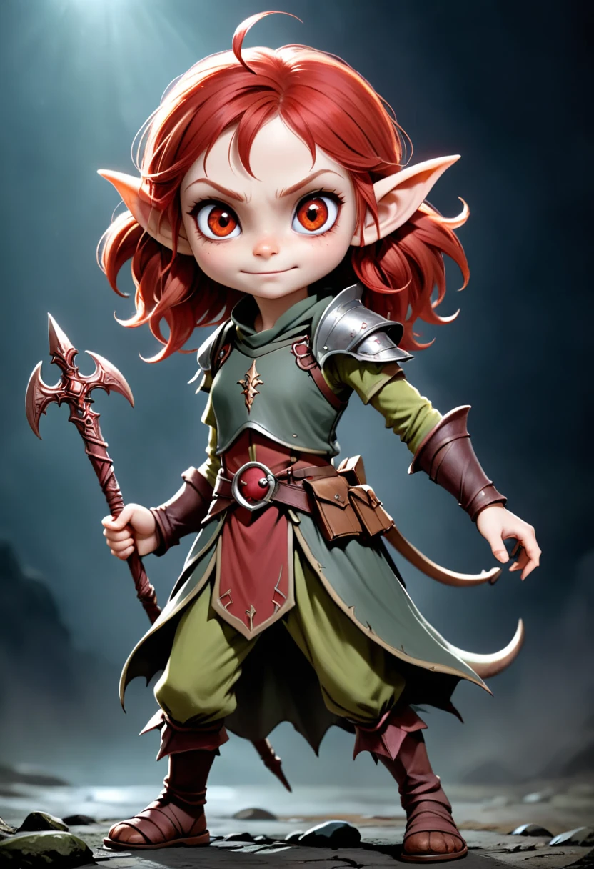 Realistic anime character, cute goblin femail, redhead, red eyes, full body portrait, holding a big hanmer, little smile, in battle, dynamic composition, intricate gloomy background, dark fantasy style, dark arts, depth of field