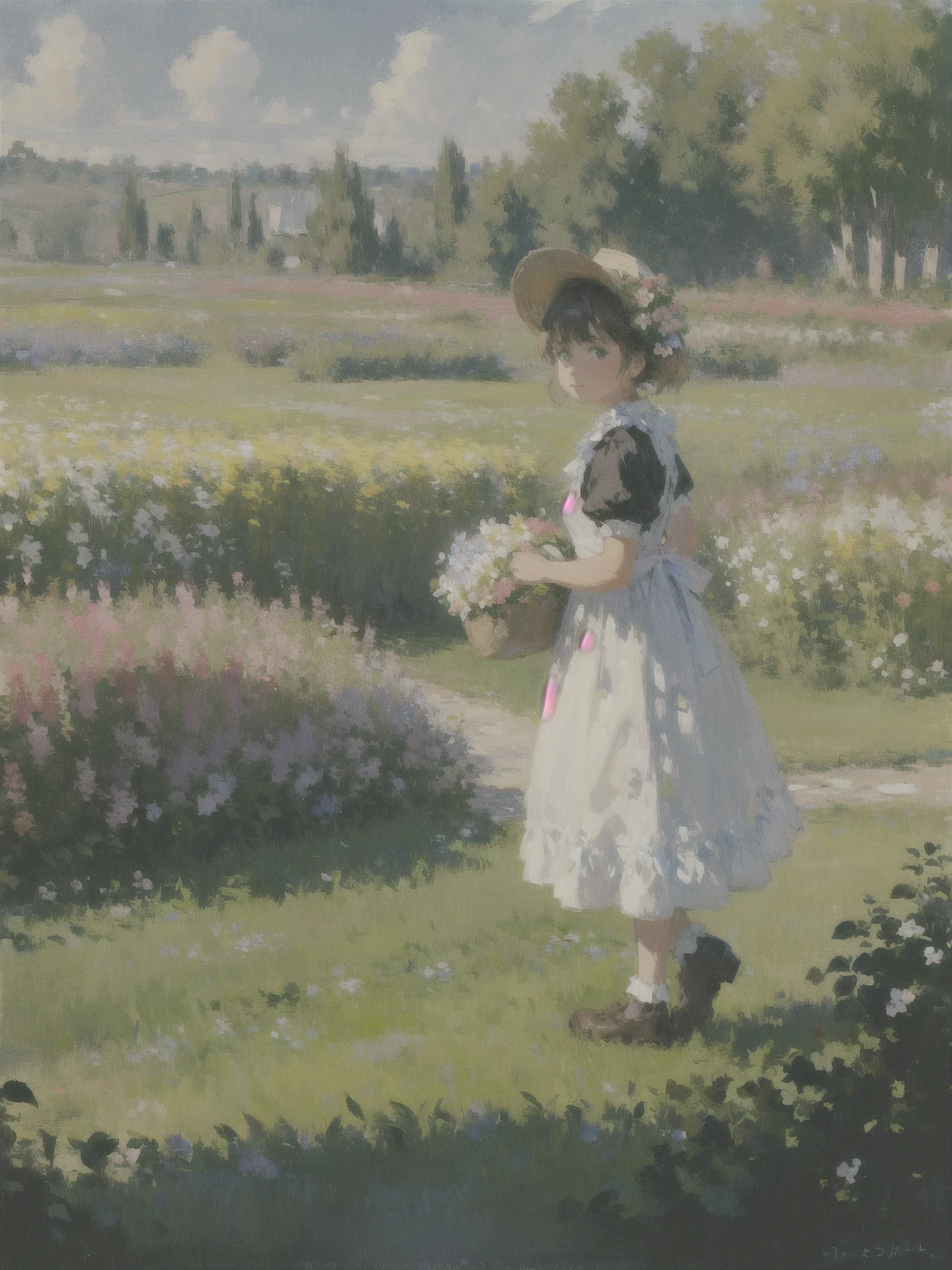 (1girl:1.5),garden,monet,impressionist,flower,garden,grass,stone step road,flowerpot,birch,maid,[doctor],up close,holding a flower basket,rich gradient,extreme colors,extreme details,clear light perception, colorful,