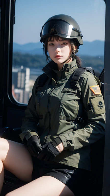 Female special forces soldier Alice wearing M-51 military uniform，Wearing a helmet，Sitting in the cab of Luther&#39;s jeep。Hands on the steering wheel，Her belt magazine pouch is full，The Chinese armband and eagle armband on her arm seem to tell of her perseverance and courage.。
