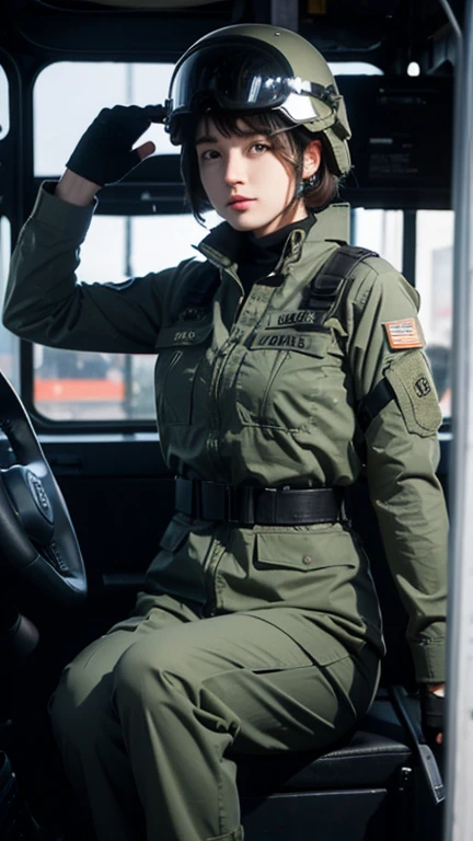 Female special forces soldier Alice wearing M-51 military uniform，Wearing a helmet，Sitting in the cab of Luther&#39;s jeep。Hands on the steering wheel，Her belt magazine pouch is full，The Chinese armband and eagle armband on her arm seem to tell of her perseverance and courage.。
