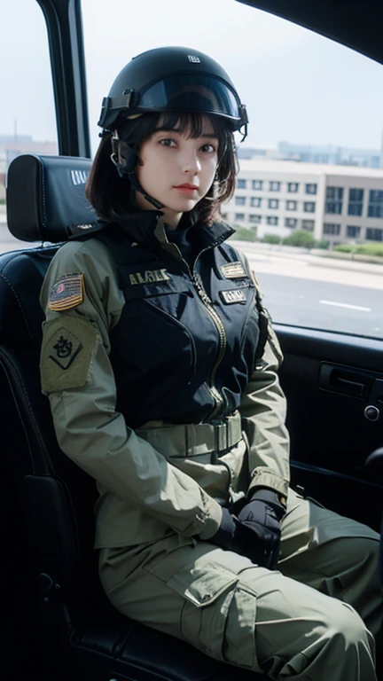 Female special forces soldier Alice wearing M-51 military uniform，Wearing a helmet，Sitting in the cab of Luther&#39;s jeep。Hands on the steering wheel，Her belt magazine pouch is full，The Chinese armband and eagle armband on her arm seem to tell of her perseverance and courage.。
