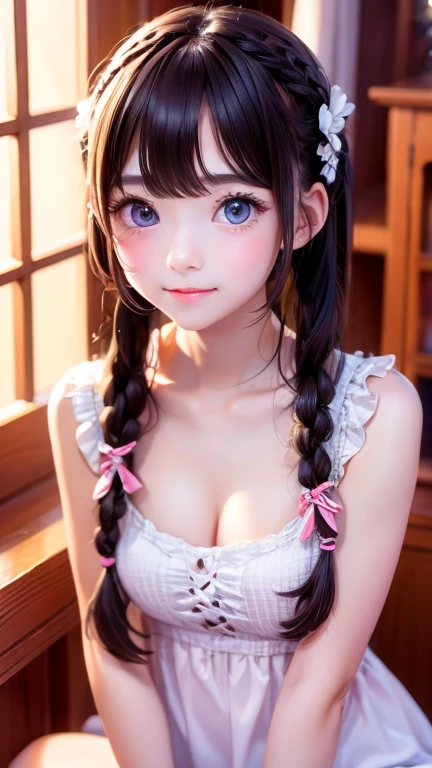8k、cute、Adult Girls、detailed、Braid your hair in an intricate way、Twin tails、Looking into the camera、Small cleavage is visible