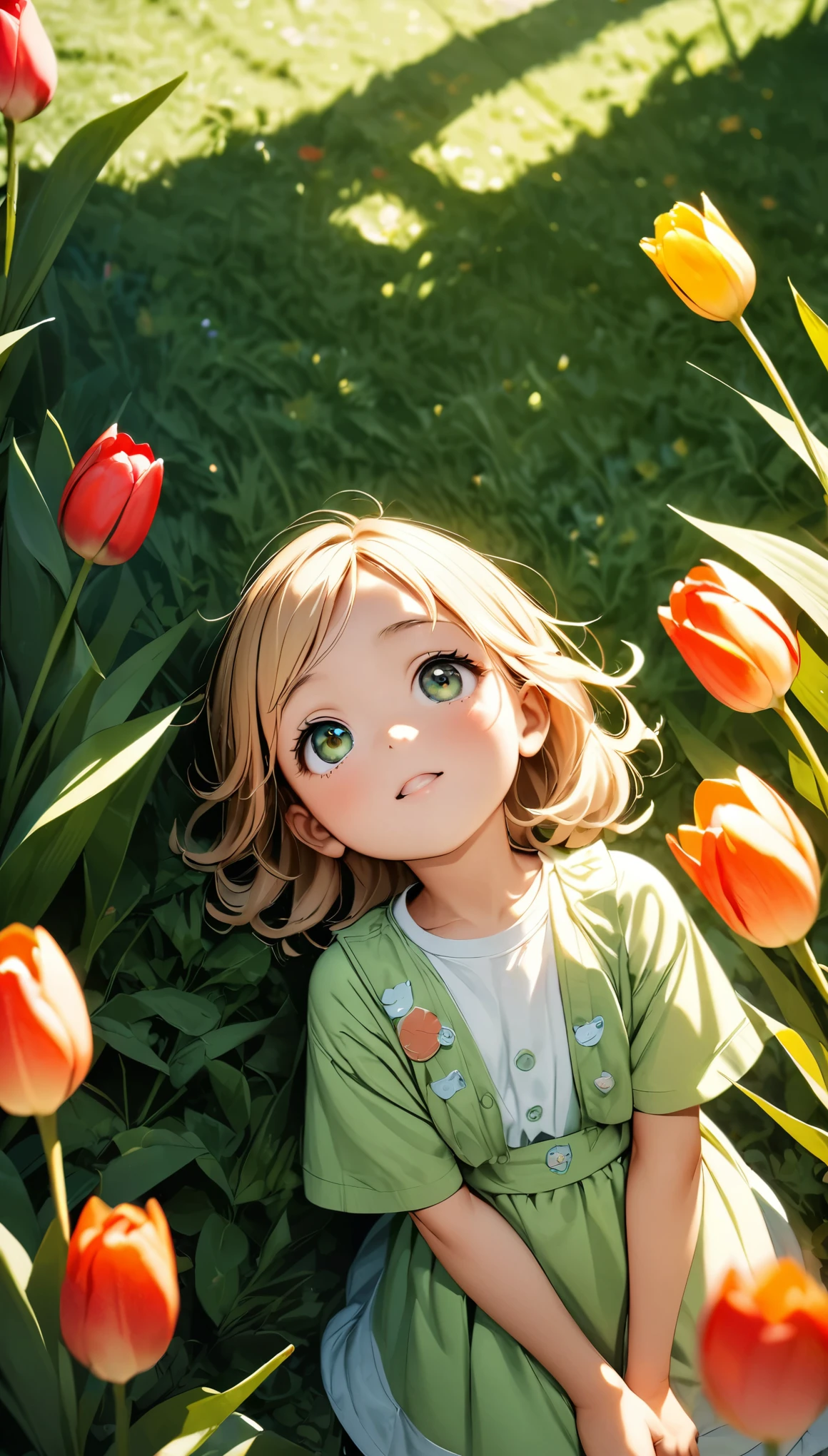 Commemorative photo of girls, 1 Girl, 6 girl, Tulip Fields:1.2, Playing in the park, Looking up, Plants, Light and shadow with attention to detail, Background Blur, (Highest quality:1.2, 4K, 8k, Very detailed, Attention to detail, masterpiece:1.2, Best aesthetics),