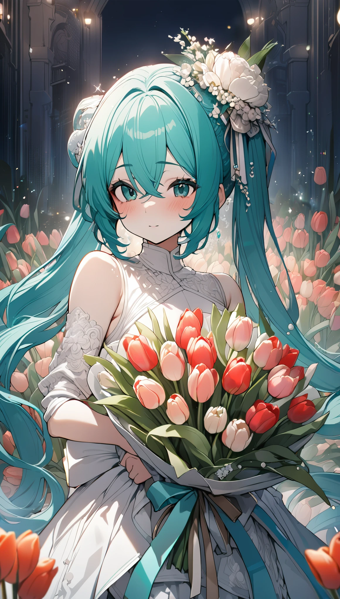 (8k, Highest quality, masterpiece: 1.2), (amime: 1.37), Very detailed, Close-up, (Hatsune Miku in a bridal outfit holding a bouquet of tulips:1.2),, , , Small faint lights, night, , Intricate details, Splash screen, Gorgeous church, Stained glass