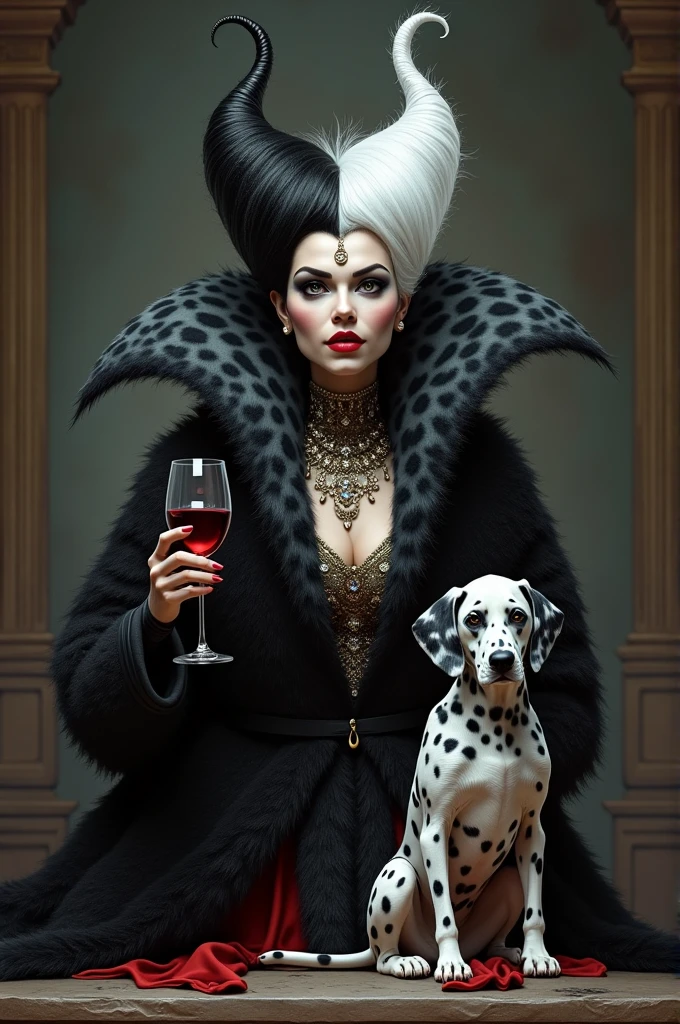 （Black hair on the left，White hair on the right），Queen，Black and white spotted fur coat，Holding a wine glass，Red lipstick，(cooking，迪士尼Villain)，Pale skin，Villain，A Dalmatian dog sat next to him，Accessories