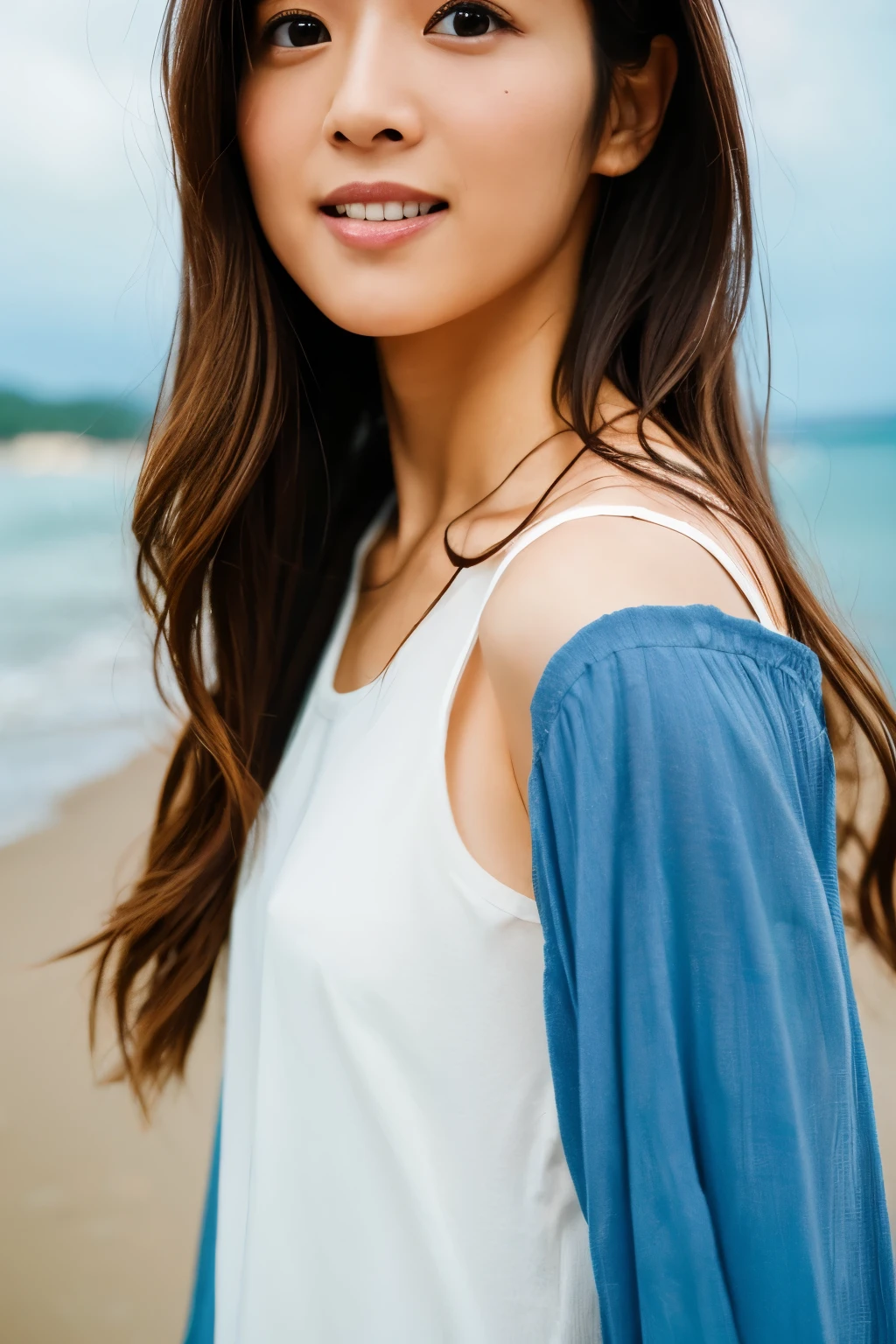 8k, highest quality, masterpiece, super high resolution, (realistic:1.4), RAW Photos, (Film Grain:1.3), One Girl, portrait of a skinny Japanese woman, 30 years old, standing on the beach, a cute face, detailed face, detailed eyes, {short|long} hair, correct body anatomy, photogravure