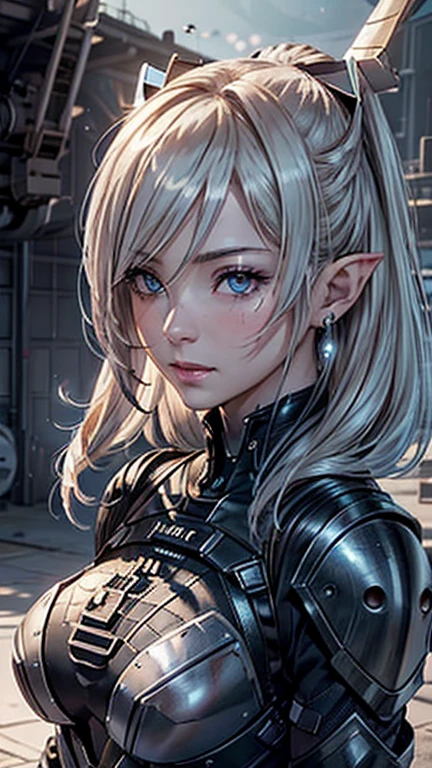 masterpiece, Highest quality, Highly detailed CG Unity 8k wallpaper,((Upper body portrait)), ((Spacecraft Hangar)), (Long pointy ears), (Armored Hunter:1.3), Elegant long wavy platinum blonde hair, ((Average breast size, Self-illuminating skin)), (Mechanical Headset), (blush), , (Captivating smile), Urban Samurai_v0.3, Cybernetic_Jawless, cute, Symmetrical face, Detailed eyes, Key Art, Awards, intricate detail realism hdr, Photorealism, Hyperrealism, Ultra-realistic, Dramatic Light, Strong Shadows, Nice views, Written boundary depth
