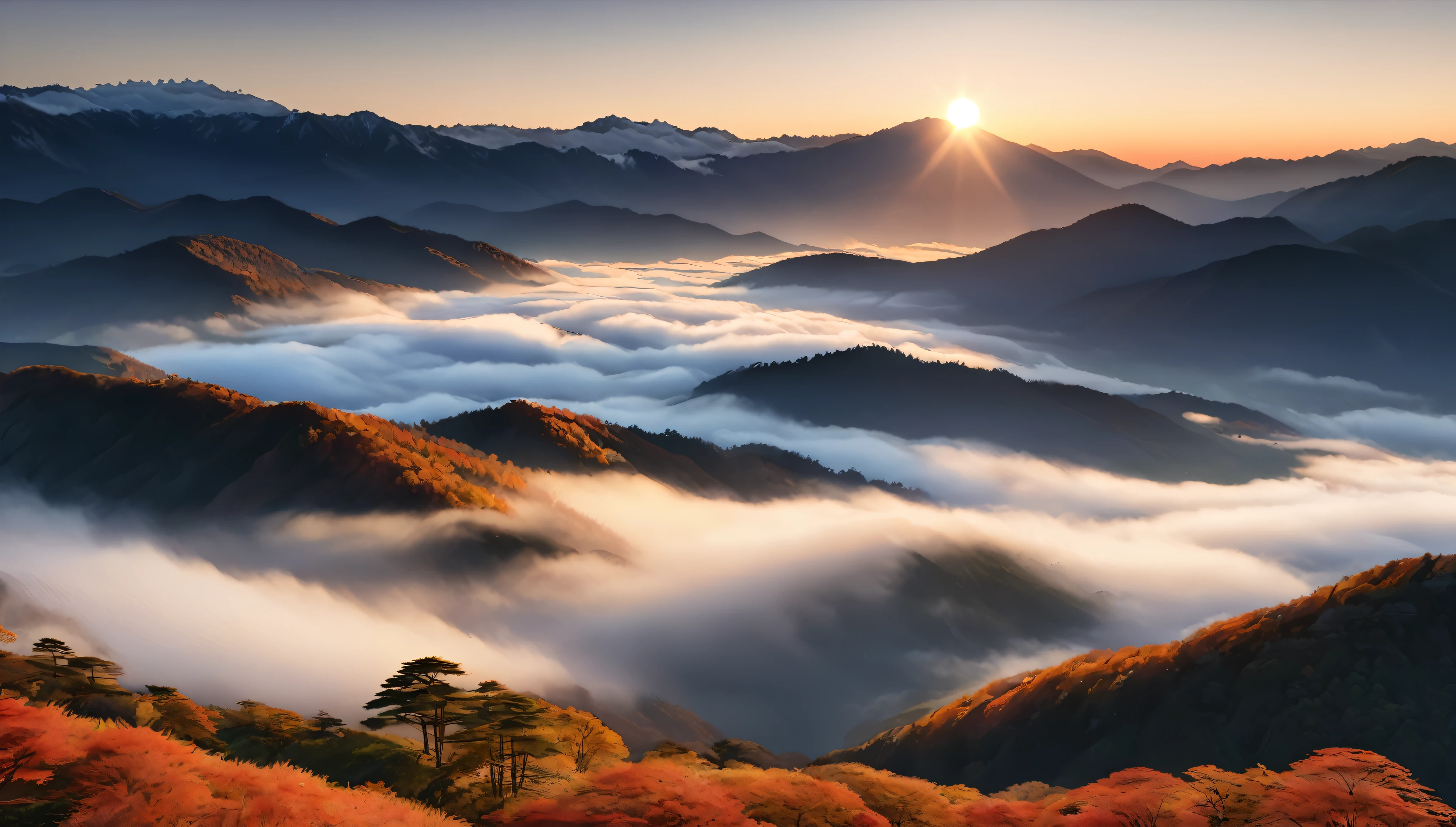 Japanese countryside scenery, Valley, autumn, sunny, sea of clouds,morning, (Highest quality,4K,8k,High resolution,masterpiece:1.2),Very detailed,(Realistic,photoRealistic,photo-Realistic:1.37),High resolution,超High resolution,Studio Lighting,Vibrant colors,Professional