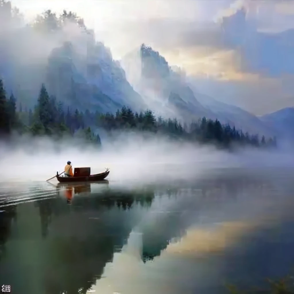 A man in a boat on a foggy lake, by Jiang Tingxi, by Xie Shichen, by Xia Yong, In the peaceful scenery, Pan Tianshou, by Li Shixing, author:Xu Xi, by Hu Jieqing, author:Wu Hong, author Shang Xi, author Dai Xi, author曾静, author:Li Tang