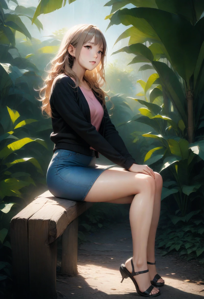 realistic anime illustration of pretty young woman, she is sitting on wood bench at garden, surrounding by banana tree, she has black wavy hair, wearing black long sleeve cardigan outer, pink tanktop, light-blue denim pencil mini skirt white brown, and black heel sandals, (1girl, solo,full body), (masterpiece, best quality, japanese anime style), BREAK, (black long sleeve cardigan outer, pink tanktop, light-blue denim pencil mini skirt white brown, and black heel sandals)