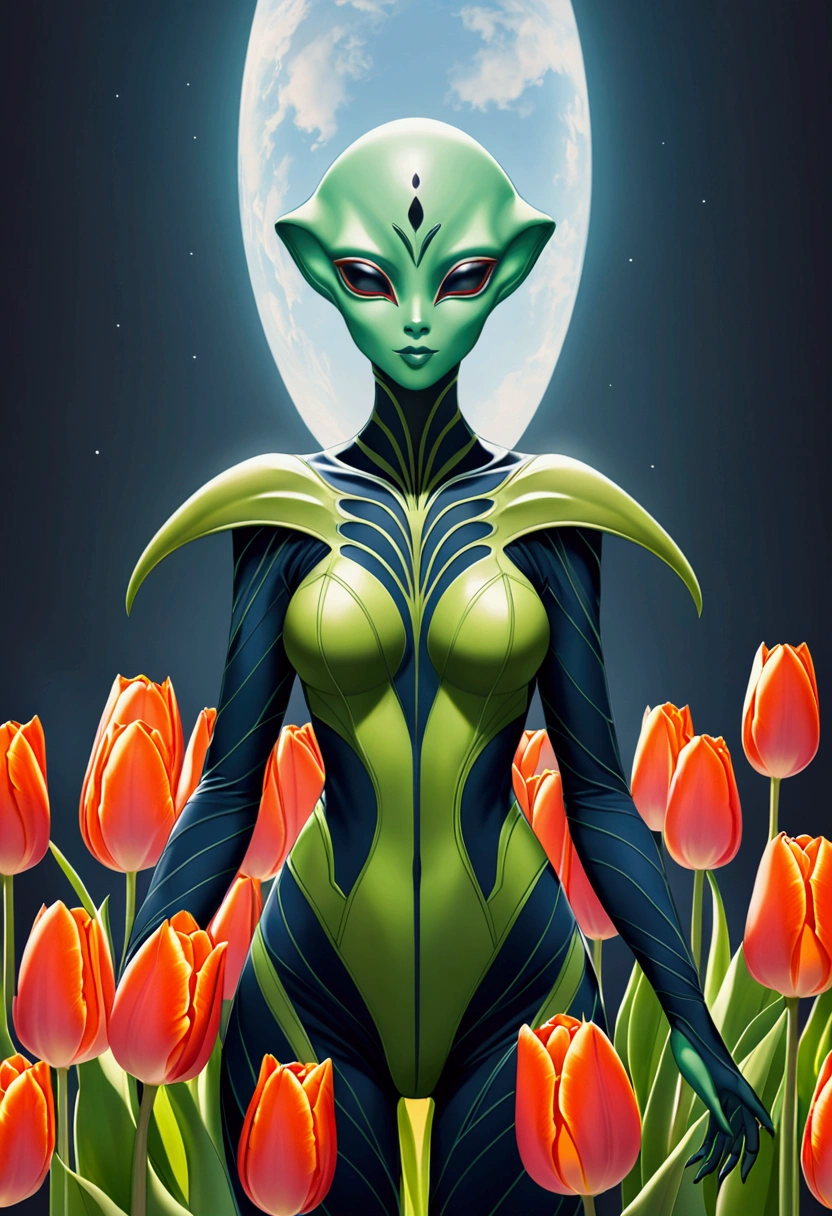 tulip alien with tulip printed jumpsuits, green skin