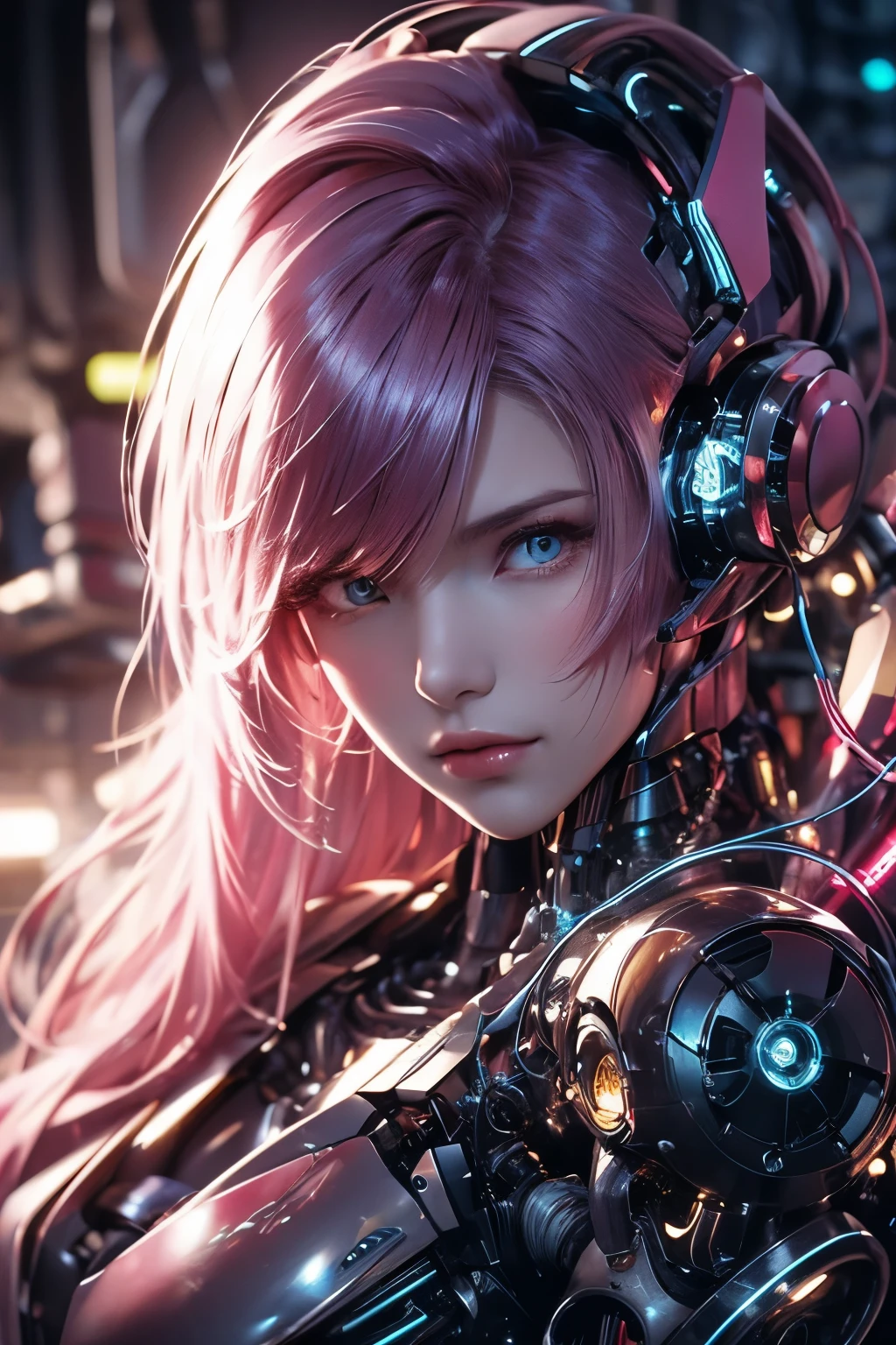 Femme cyborg, Mechanical face, circuits imprimés sur le corps, Electrical wiring, purple hair, Longhaire, dark room
