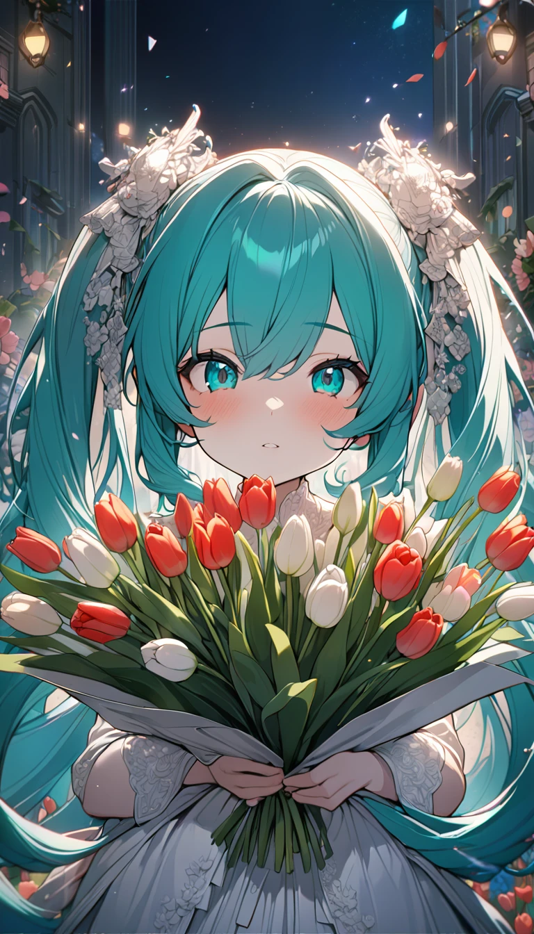 (8k, Highest quality, masterpiece: 1.2), (amime: 1.37), Very detailed, Close-up, (Hatsune Miku in a bridal outfit holding a bouquet of tulips:1.2),, , , Small faint lights, night, , Intricate details, Splash screen, Gorgeous church, Stained glass