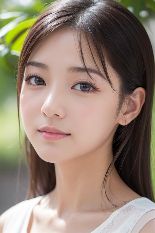 high quality、Generate high resolution images。She is young々Successfully、With a cute appearance、Has a fresh and natural look。Here are the specific details:：

1. **Face shape**: Oval face with a slightly pointed chin。
2. **eye**: big、アーモンド形のeyeで、double eyelid。eyeの色はダークブラウンで、There is a vibrant glow。
3. **Eyebrow**: 自然なアーチを描いたEyebrowで、It is well maintained though、Not too thin。
4. **nose**: small、やや上向きのnose。
5. **mouth**: Natural pink plump lips。She has a gentle smile。
6. **Skin color**: Has a healthy glow、Brighter, smoother skin。
7. **hair**: long、ストレートな黒hairで、Has a slight sheen。hair型はソフトなウェーブかストレートのままにすることが多い。
8. **make**: ミニマルでナチュラルなmake。A lightweight foundation to even out skin tone、A touch of blush on the cheeks、eyeを引き立てるための控えめなアイライナーとナチュラルなマスカラ。Lips lightly tinted in pink or peach。
9. **accessories**: smallて繊細なイヤリングやシンプルなネックレスを時々wear。
10. **expression**: Friendly、フレンドリーなexpression。軽い微笑みや遊び心のあるexpressionが特徴。

To focus on her face、Shoot in a bright environment、The background should be neutral or soft and blurred。