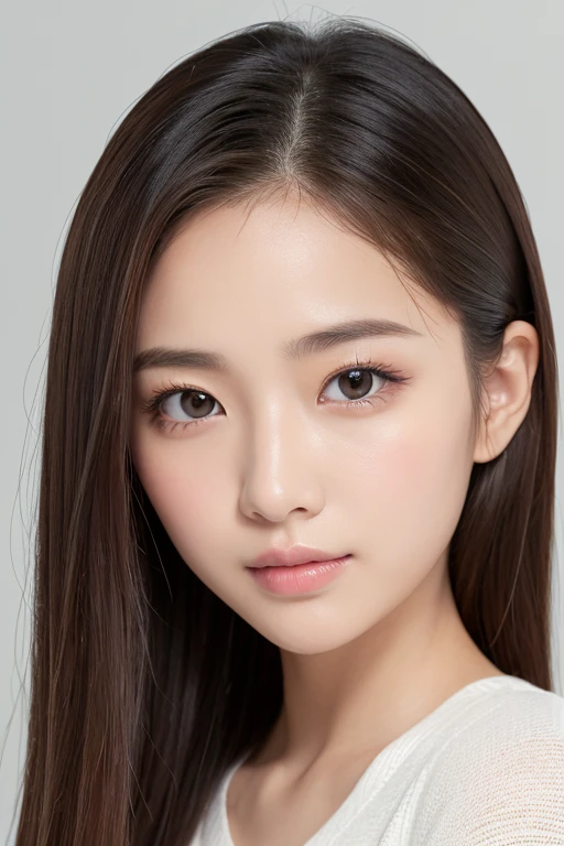 high quality、Generate high resolution images。She is young々Successfully、With a cute appearance、Has a fresh and natural look。Here are the specific details::
1. **Face shape**: Oval face with a slightly pointed chin。
2. **eye**: big、アーモンド形のeyeで、double eyelid。eyeの色はダークブラウンで、There is a vibrant glow。
3. **Eyebrow**: 自然なアーチを描いたEyebrowで、It is well maintained though、Not too thin。
4. **nose**: small、やや上向きのnose。
5. **mouth**: Natural pink plump lips。She has a gentle smile。
6. **Skin color**: Has a healthy glow、Brighter, smoother skin。
7. **hair**: long、ストレートな黒hairで、Has a slight sheen。hair型はソフトなウェーブかストレートのままにすることが多い。
8. **make**: ミニマルでナチュラルなmake。A lightweight foundation to even out skin tone、A touch of blush on the cheeks、eyeを引き立てるための控えめなアイライナーとナチュラルなマスカラ。Lips lightly tinted in pink or peach。
9. **accessories**: smallて繊細なイヤリングやシンプルなネックレスを時々wear。
10. **expression**: Friendly、フレンドリーなexpression。軽い微笑みや遊び心のあるexpressionが特徴。
To focus on her face、Shoot in a bright environment、The background should be neutral or soft and blurred。