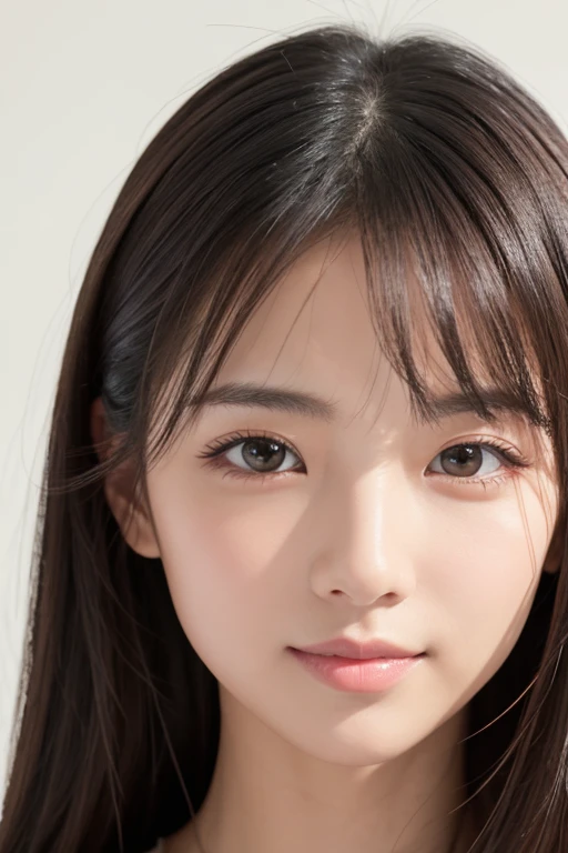 high quality、Generate high resolution images。She is young々Successfully、With a cute appearance、Has a fresh and natural look。Here are the specific details::
1. **Face shape**: Oval face with a slightly pointed chin。
2. **eye**: big、アーモンド形のeyeで、double eyelid。eyeの色はダークブラウンで、There is a vibrant glow。
3. **Eyebrow**: 自然なアーチを描いたEyebrowで、It is well maintained though、Not too thin。
4. **nose**: small、やや上向きのnose。
5. **mouth**: Natural pink plump lips。She has a gentle smile。
6. **Skin color**: Has a healthy glow、Brighter, smoother skin。
7. **hair**: long、ストレートな黒hairで、Has a slight sheen。hair型はソフトなウェーブかストレートのままにすることが多い。
8. **make**: ミニマルでナチュラルなmake。A lightweight foundation to even out skin tone、A touch of blush on the cheeks、eyeを引き立てるための控えめなアイライナーとナチュラルなマスカラ。Lips lightly tinted in pink or peach。
9. **accessories**: smallて繊細なイヤリングやシンプルなネックレスを時々wear。
10. **expression**: Friendly、フレンドリーなexpression。軽い微笑みや遊び心のあるexpressionが特徴。
To focus on her face、Shoot in a bright environment、The background should be neutral or soft and blurred。