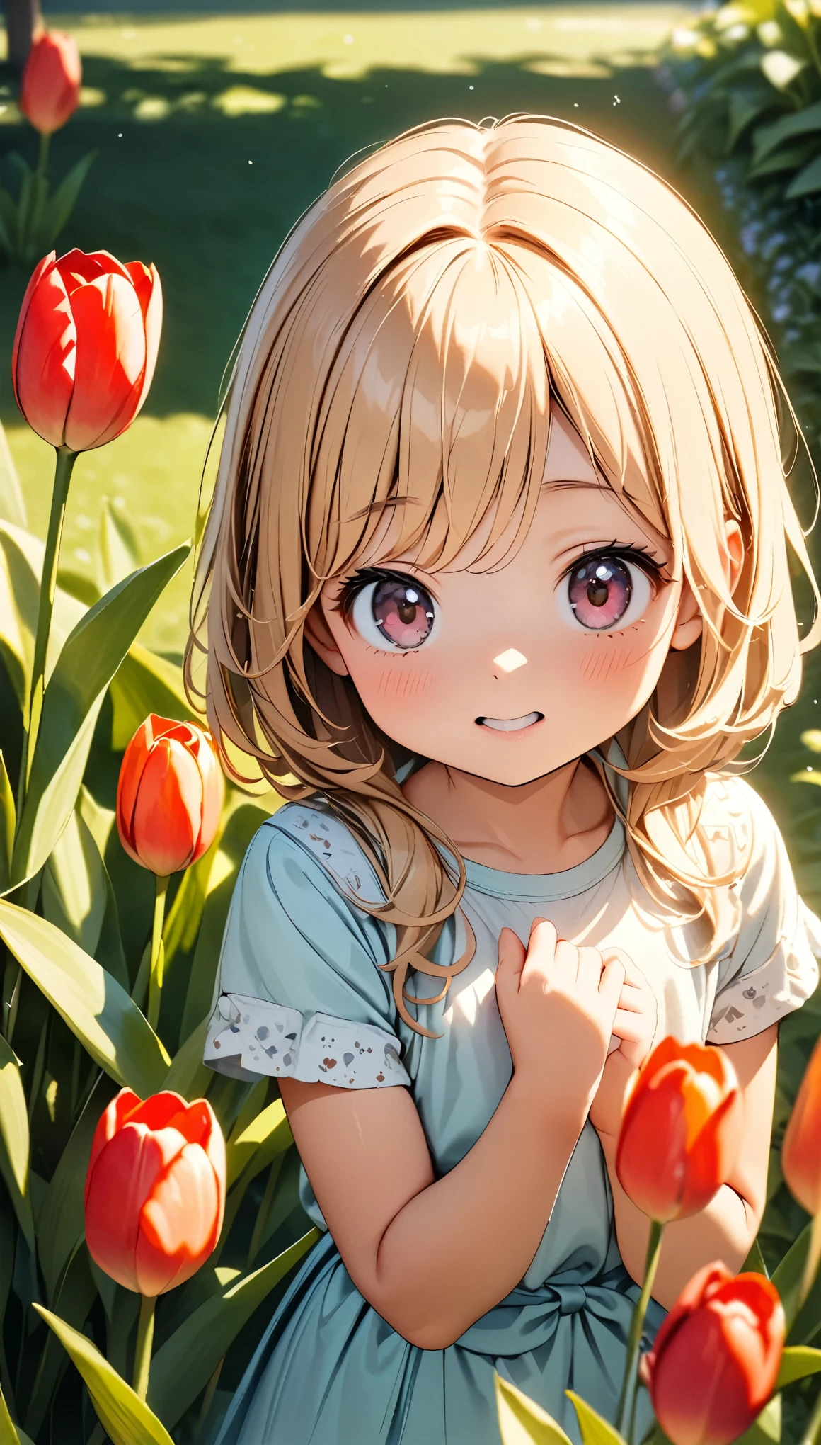 Commemorative photo of girls, 1 Girl, 6 girl, Tulip Fields:1.2, Playing in the park, Surprised, Plants, Light and shadow with attention to detail, Background Blur, (Highest quality:1.2, 4K, 8k, Very detailed, Attention to detail, masterpiece:1.2, Best aesthetics),