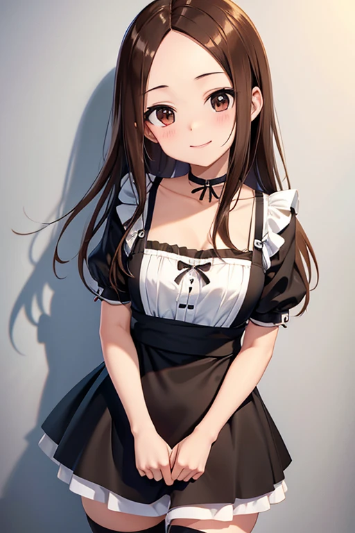 Takagi-san、Shiny brown hair, Straight Long Hair,((Medium chest、Forehead、Center part))、 Beautiful brown eyes、smile、Sparkling eyes, (fine grain)、Very fine eye、Very detailed顔, Very detailed目, Cowboy Shot、


One girl, alone,  Very detailed, Highest quality, masterpiece, figure, Game CG, (maid), Short puff sleeves, small maid apron, Thigh-high socks, clavicle, Cleavage