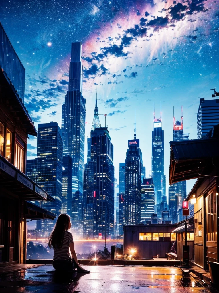 Octane, null, star (null), scenery, starnull, night, One girl, night null, alone, Outdoor, building, cloud, milky way, Sitting, wood, Long Hair, city, silhouette, cityscape