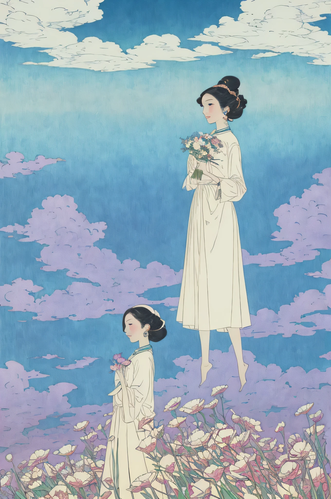a painting of a woman holding a flower in her right hand and a sky in the background by Victo Ngai, znchn style, middle quality ,