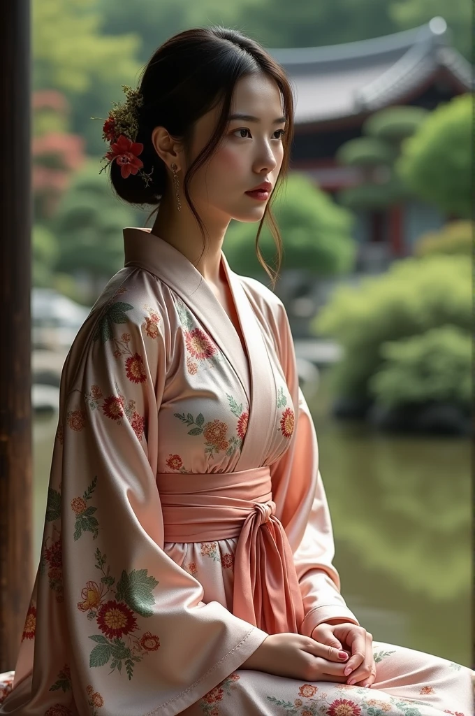 a woman in a silky, floral robe with a matching belt, sitting gracefully by a traditional Japanese garden, cinematic composition, trending on ArtStation.